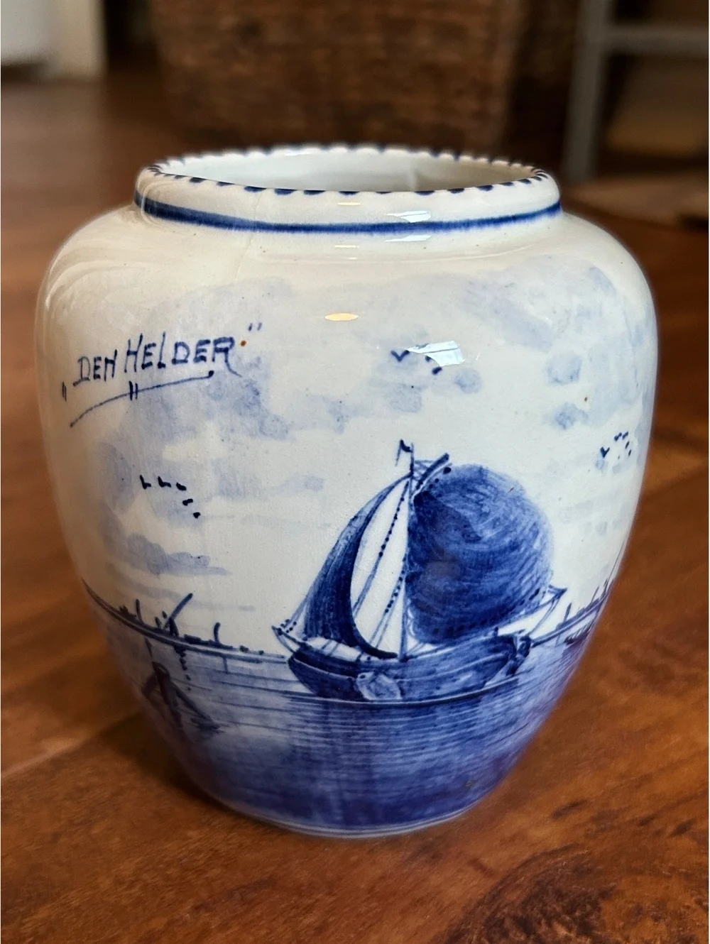 Vintage Delft Blue Ceramic Vase with Sailing Ship and Floral Design